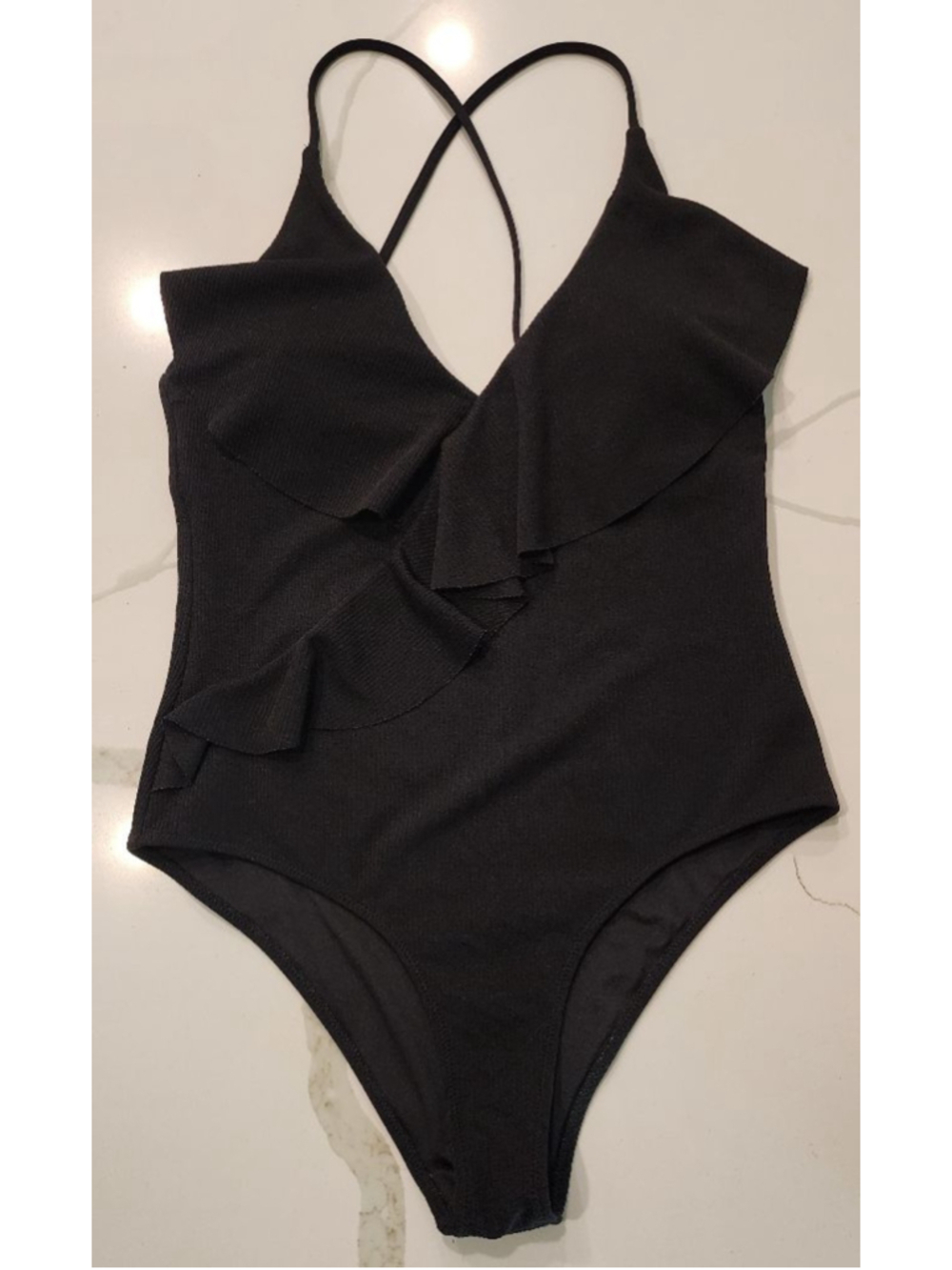 Black Ribbed Ruffle One Piece Swimsuit Cross Back Adjustable Straps L
